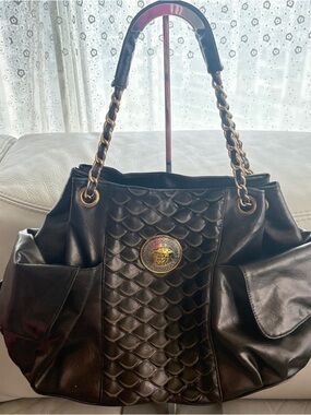 Brown Embossed Faux Leather Jumbo Medusa Shoulder Bag with Chain Handles Y2K